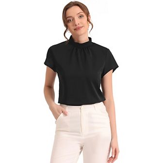 Work Top For Women's Stand Collar Cap Sleeve Keyhole Back Elegant Business Blouse