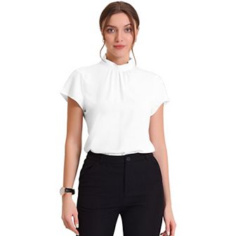 Work Top For Women's Stand Collar Cap Sleeve Keyhole Back Elegant Business Blouse