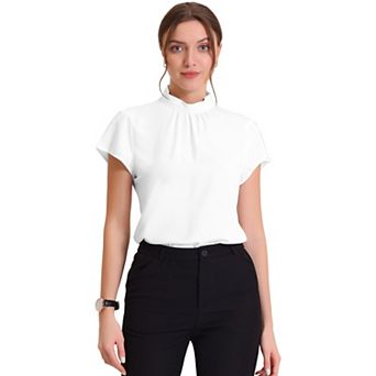 Work Top For Women's Stand Collar Cap Sleeve Keyhole Back Elegant Business Blouse