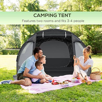 Outsunny 3-4 Person Camping Tent with 2 Rooms, Windows, Dome Tent, Black