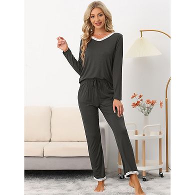 Women's Sleepwear V Neck Lace Nightwear with Pants Loungewear Pajama Set