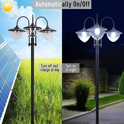 Outsunny 3 Head LED Solar Light Lamp Street Light Post with Planter Solar Powered Lamp Post Black