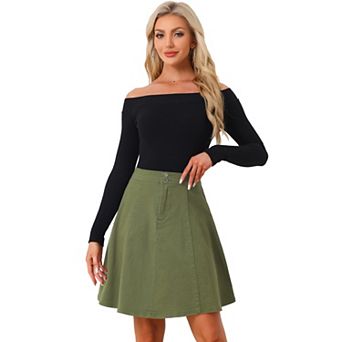 Women's Casual High Waist A-Line Flared Pleated Midi Denim Skirt