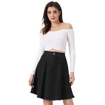 Women's Casual High Waist A-Line Flared Pleated Midi Denim Skirt