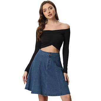 Women's Casual High Waist A-Line Flared Pleated Midi Denim Skirt