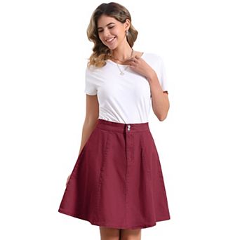 Women's Casual High Waist A-Line Flared Pleated Midi Denim Skirt