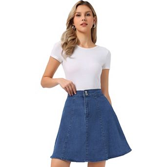 Women's Casual High Waist A-Line Flared Pleated Midi Denim Skirt