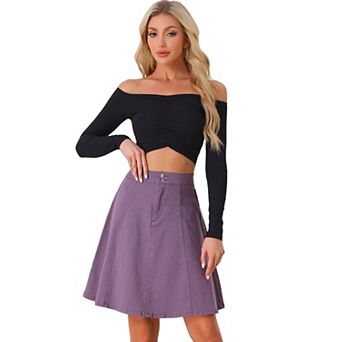 Women's Casual High Waist A-Line Flared Pleated Midi Denim Skirt