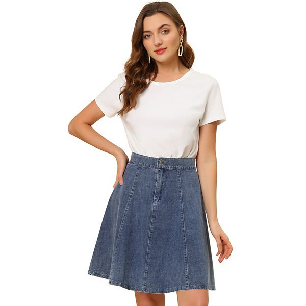 Womens Casual High Waist A Line Flared Pleated Midi Denim Skirt 4302