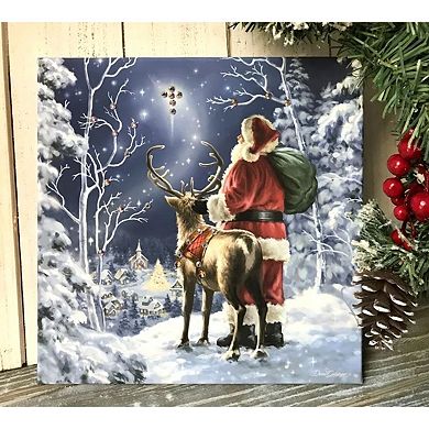 Blue and Red Starry Night Santa Pizazz Print Framed Christmas Wall Decor 10" x 10"