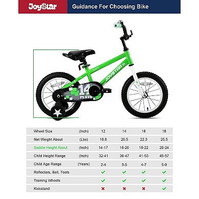 Joystar Pluto 16 Inch Ages 4 to 7 Kids Boys BMX Bike with Training Wheels, Green