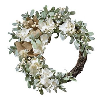 22" Hydrangea Wreath with White Berries, Lamb’s Ear & Burlap Bow and Natural Grapevine Base