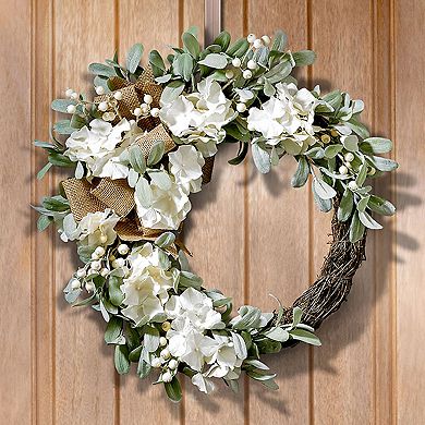 22" Hydrangea Wreath with White Berries, Lamb’s Ear & Burlap Bow and Natural Grapevine Base