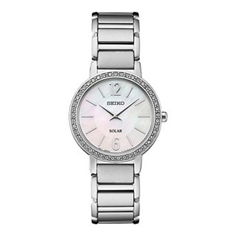 Seiko Women's Crystal Stainless Steel Solar Mother of Pearl Dial Watch - SUP467