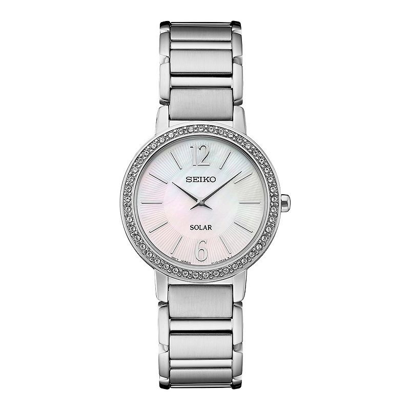 Seiko Women's Crystal Stainless Steel Solar Mother of Pearl Dial Watch - SUP467, Size: Small, Silver