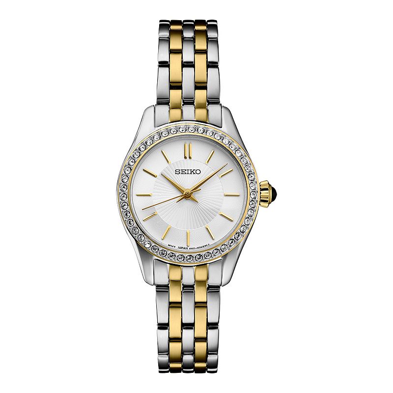 Seiko Women's Crystal Two Tone Quartz White Dial Watch - SUR540, Size: Small, Silver Gold