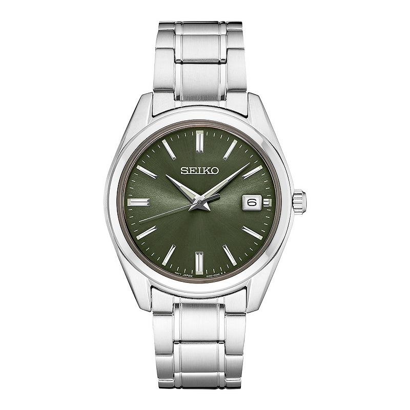Seiko Men's Essentials Stainless Steel Quartz Green Dial Watch - SUR527, Size: Large, Silver