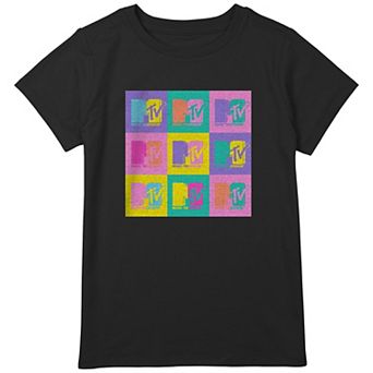 Girls MTV Music Television Color Pop Logo Grid Graphic Tee