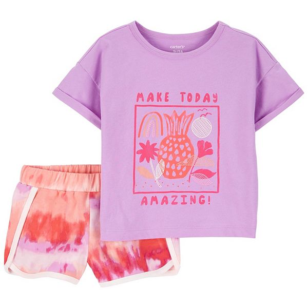 Toddler Girl Carter's "Make Today Amazing" Pineapple Wood Block Graphic Tee & Tie-Dye Shorts Set - Purple Tie Dye (2T)