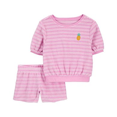 Toddler Girl Carter's Embroidered Pineapple Striped Terry Top & Shorts Set