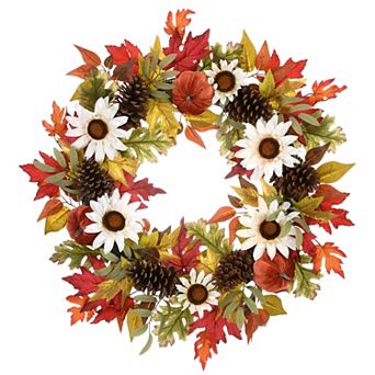 National Tree Company Harvest Mixed Wreath with Maple Leaves, Mixed Pumpkins, Sunflowers & Cones