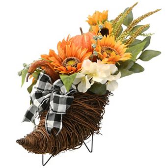 National Tree Company Harvest Corn Basket with Mixed Leaves, Sunflower & Bow