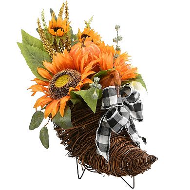 National Tree Company Harvest Corn Basket with Mixed Leaves, Sunflower & Bow