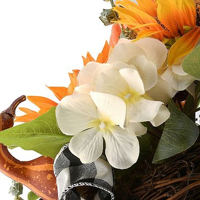 National Tree Company Harvest Corn Basket with Mixed Leaves, Sunflower & Bow