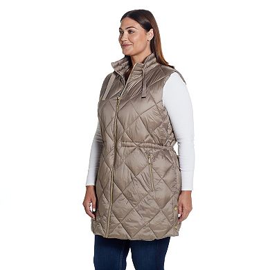 Plus Size Weathercast Diamond Quilted Puffer Longline Vest with Cinched ...