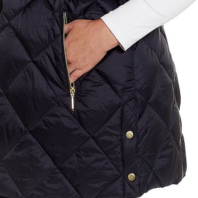 Plus Size Weathercast Diamond Quilted Puffer Longline Vest with Cinched Waist