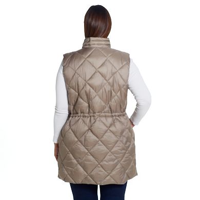 Plus Size Weathercast Diamond Quilted Puffer Longline Vest with Cinched Waist