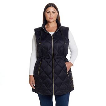 Plus Size Weathercast Diamond Quilted Puffer Longline Vest with Cinched Waist