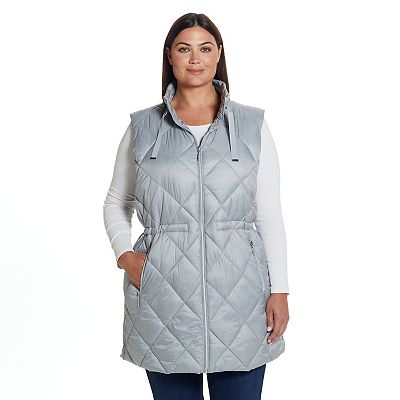 Plus Size Weathercast Diamond Quilted Puffer Longline Vest with Cinched Waist