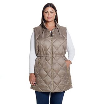 Plus Size Weathercast Diamond Quilted Puffer Longline Vest with Cinched Waist
