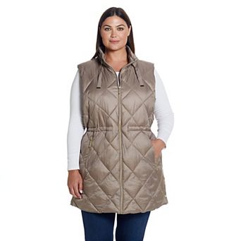 Plus Size Weathercast Diamond Quilted Puffer Longline Vest with Cinched Waist