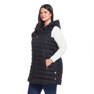 Plus Size Weathercast Hooded Quilted Long Vest