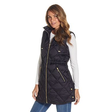 Women's Weathercast Diamond Quilted Puffer Longline Vest with Cinched Waist