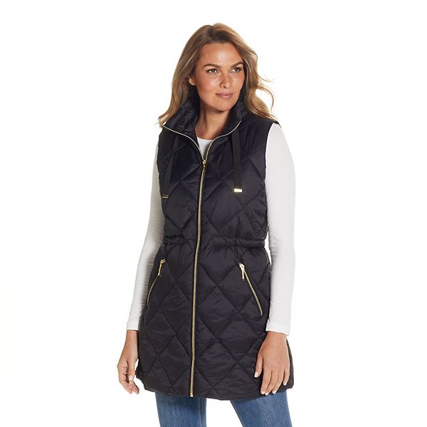 Women's Weathercast Diamond Quilted Puffer Longline Vest with Cinched Waist