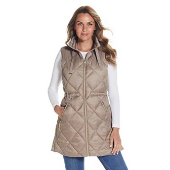 Women's Weathercast Diamond Quilted Puffer Longline Vest with Cinched Waist