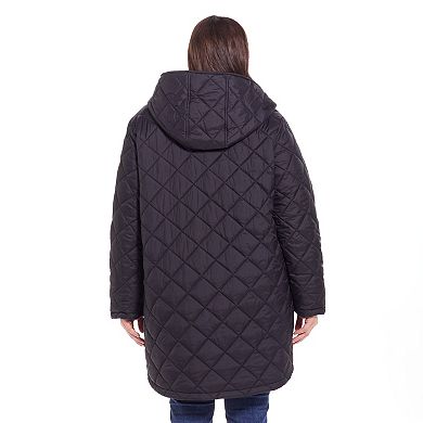 Plus Size Weathercast Hooded Diamond-Quilted Duffle Coat