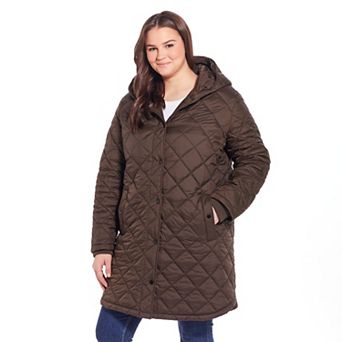Plus Size Weathercast Hooded Diamond-Quilted Duffle Coat