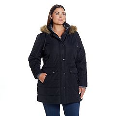Plus Size Gallery Faux-Fur Hood Chevron Long Puffer Coat