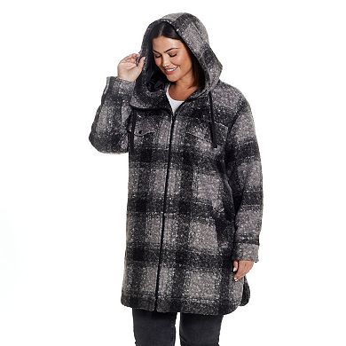 Plus Size Weathercast Zip Front Hooded Bouclé Shacket