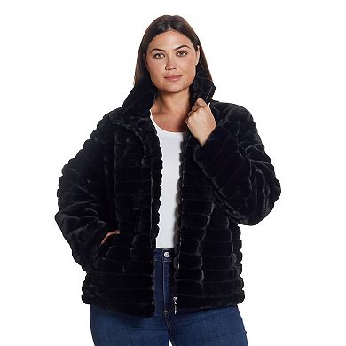 Plus Size Weathercast Grooved Faux Fur Jacket