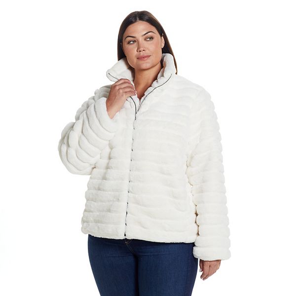 Plus Size Weathercast Grooved Faux Fur Jacket