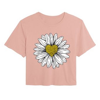 Juniors' Daisy Heart Drawing Cropped Tee