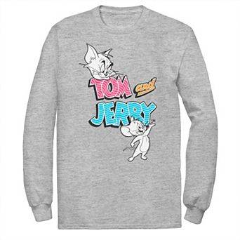 Big & Tall Tom and Jerry Patterned Logo Stamp Portrait Long Sleeve Graphic Tee