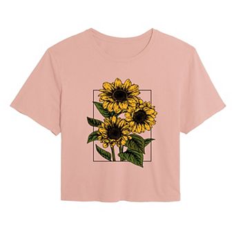 Juniors' Vintage Sunflowers Cropped Tee