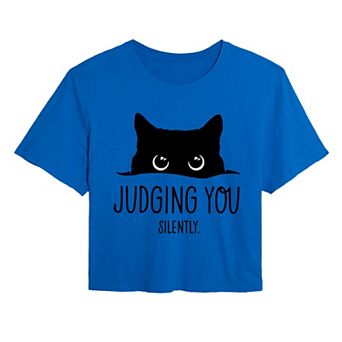 Juniors' Judging You Silently Cat Graphic Cropped Tee