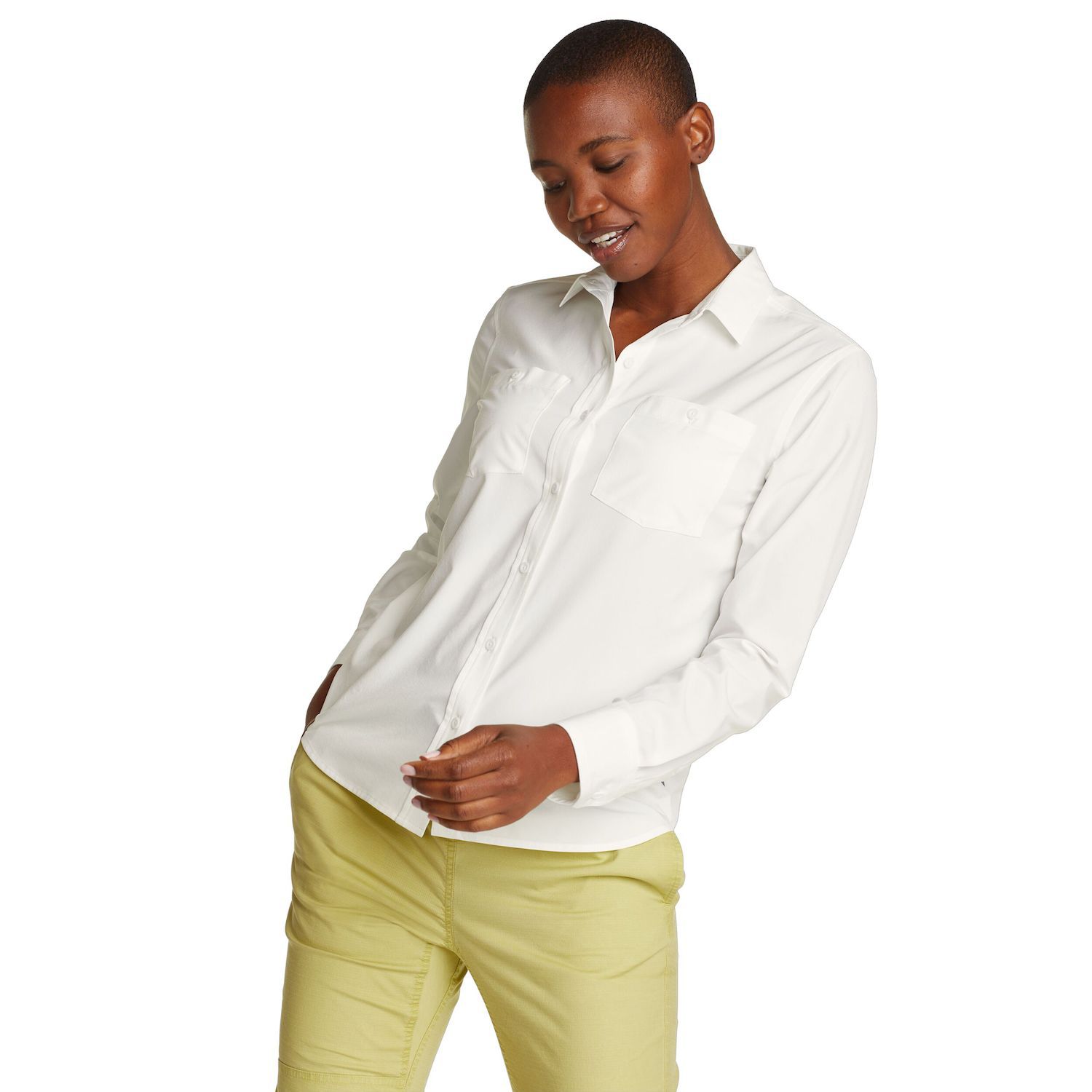 Eddie Bauer Camisa De Manga Larga Departure 3.0 Para Mujer, Color Nieve, Talla XL, Alta, Nieve